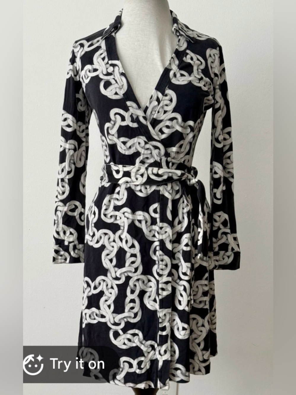 Diane Von Furstenberg Black wrap dress with White Chain Print